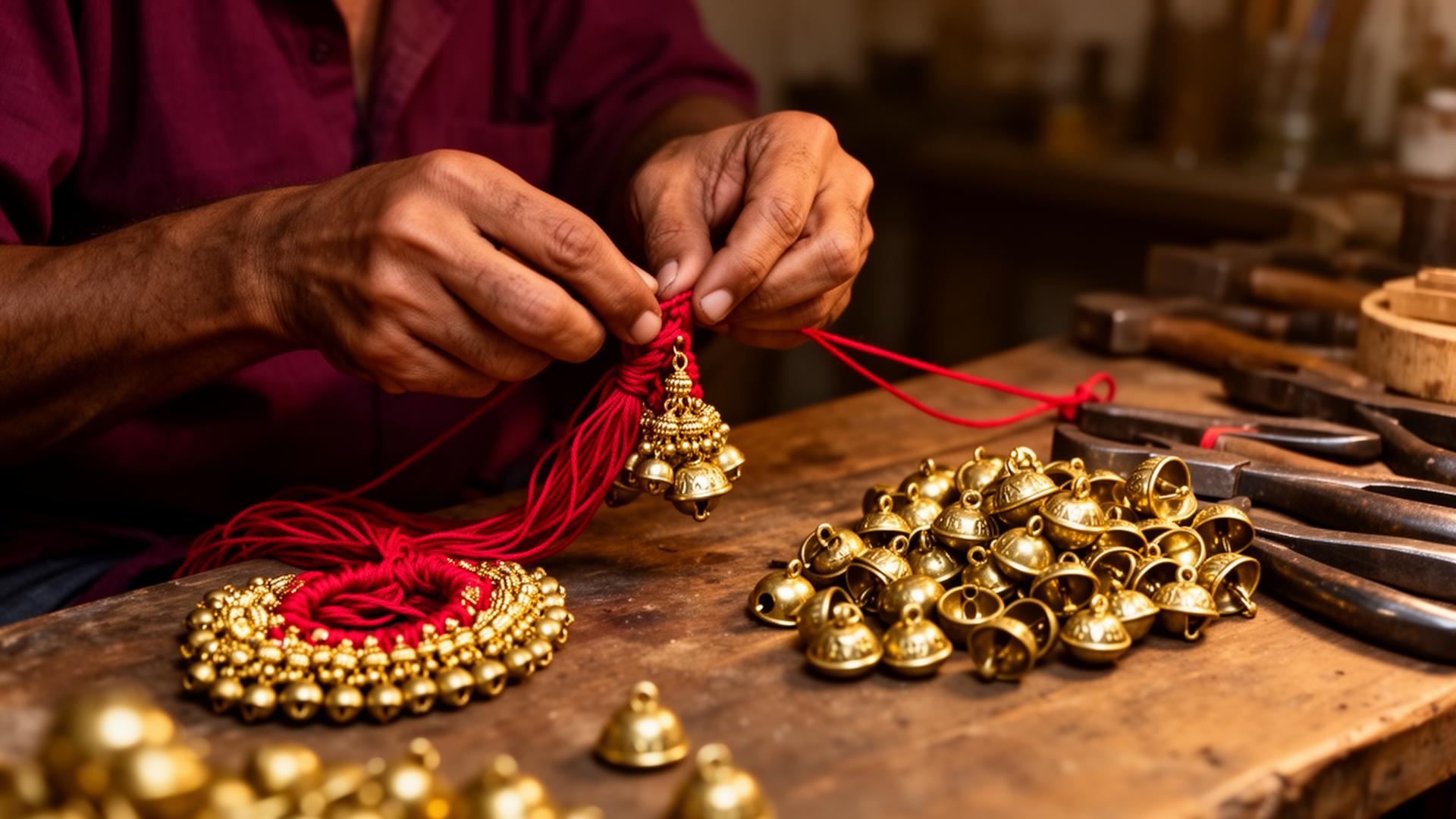 Master artisan threading brass bells onto silk cord